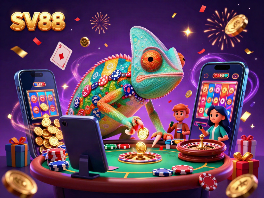 Experience SV88's thrilling casino atmosphere with colorful slot games and a playful chameleon character.