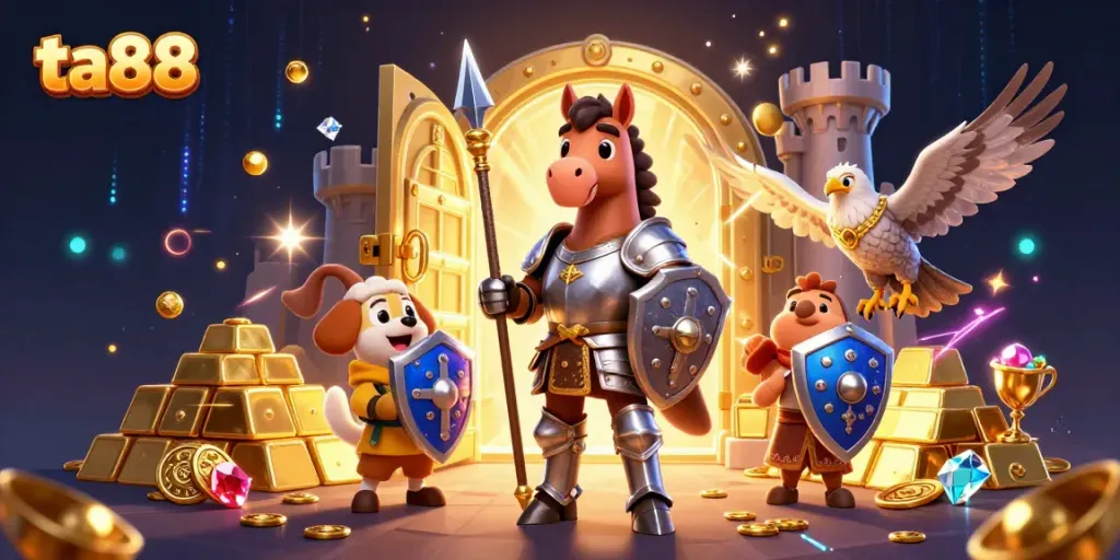 Experience the thrill of ta88 casino gaming with an epic medieval knight scene filled with treasures and excitement.