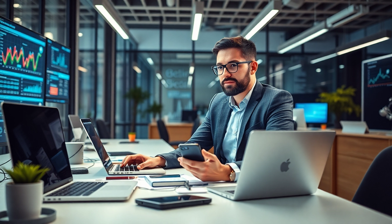 Technik Tipps von einem professionellen Berater in einem modernen Büro, umgeben von fortschrittlichen Geräten.
