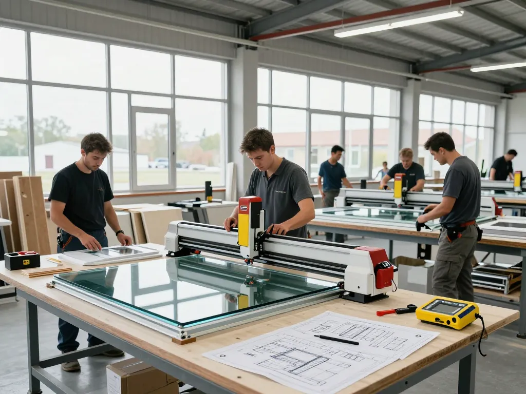 Handwerker, die an Fensterbau-Projekten mit modernen Maschinen in einer zeitgemäßen Fensterfertigungseinrichtung arbeiten.