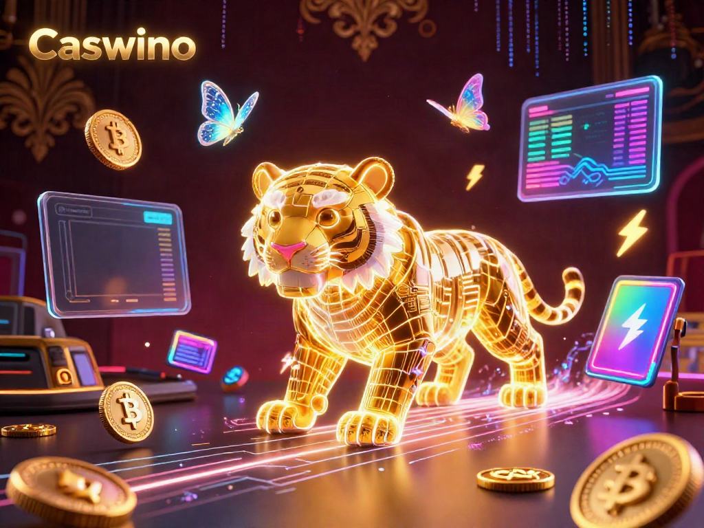 Experience the vibrant Caswino online casino with a captivating neon tiger and crypto elements.