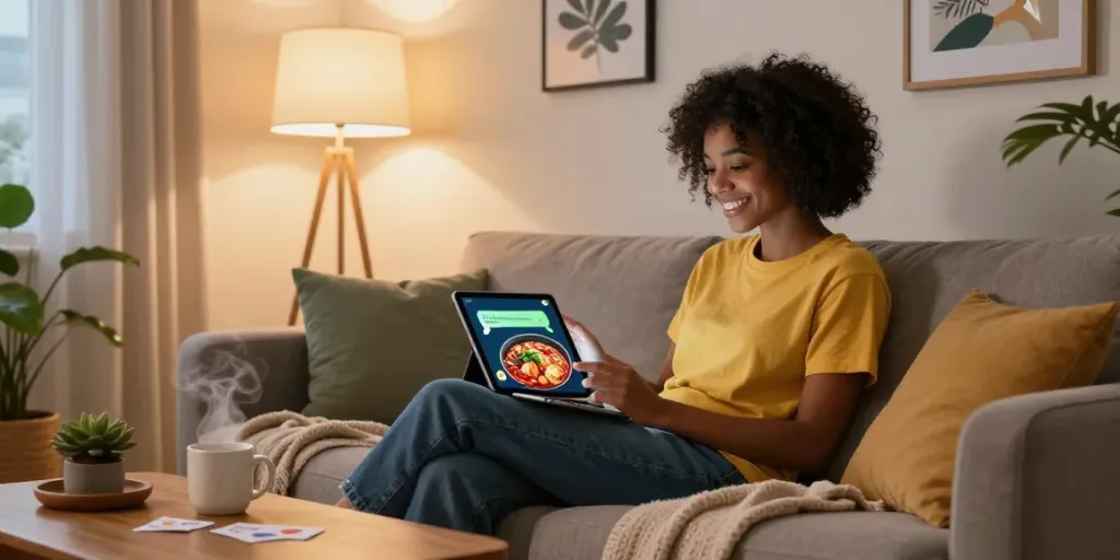 Engaging in spicy AI chat in a cozy home setting with warm lighting and inviting ambiance.
