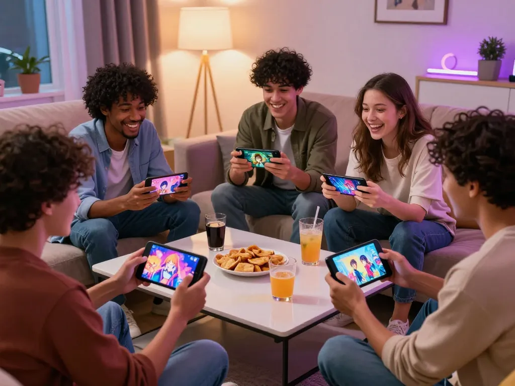 Engaging friends playing game sex on mobile devices in a cozy living room.