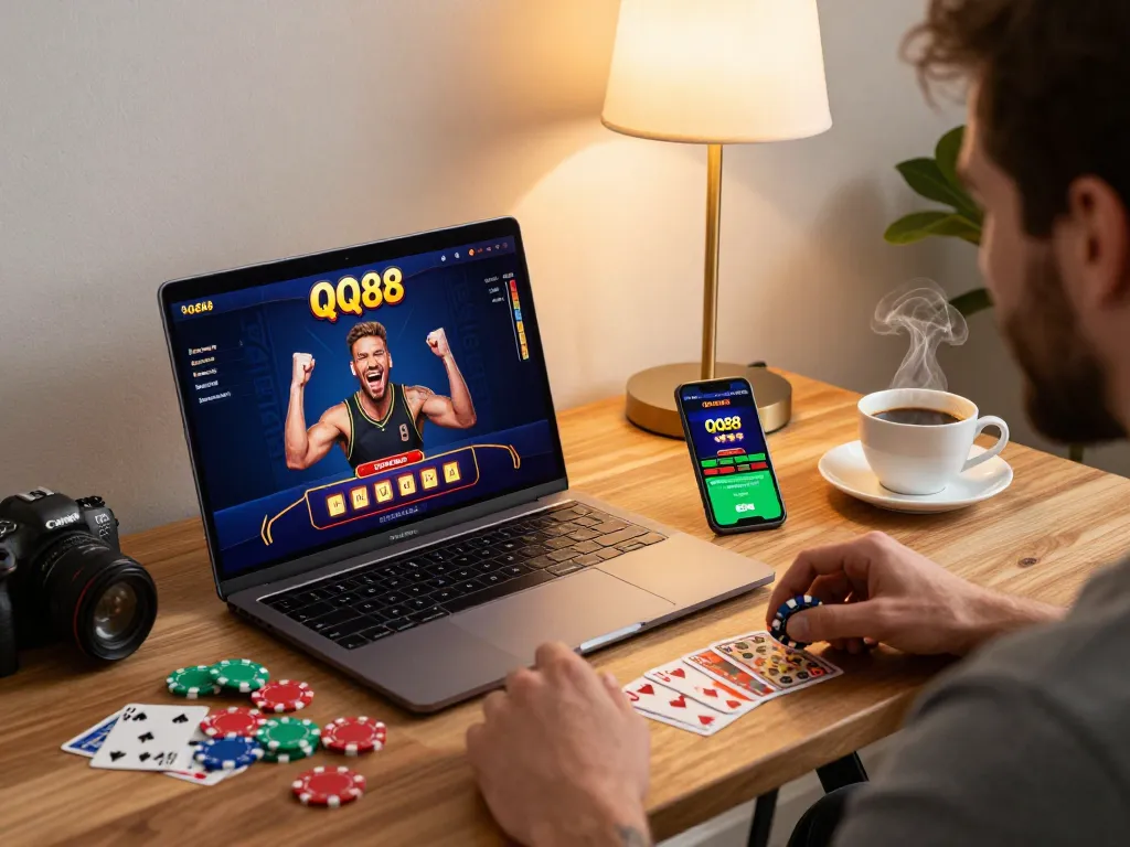 Engaging online casino gaming experience with QQ88 app visible in an inviting home setting.