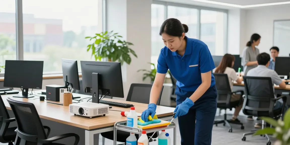 Underhaltsreinigung Solothurn in action, showcasing a professional cleaner dusting office surfaces for a sparkling clean workspace.