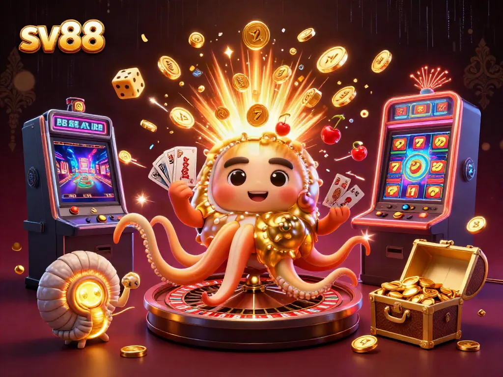 Experience exciting gameplay at SV88 with a vibrant 3D illustration of a casino scene, showcasing games and rewards.