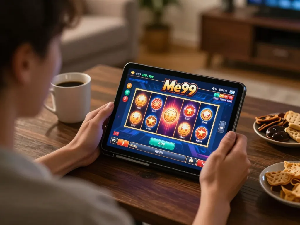 Engaging gaming scene with Me99 casino app on tablet, showcasing mobile slots excitement in a cozy atmosphere