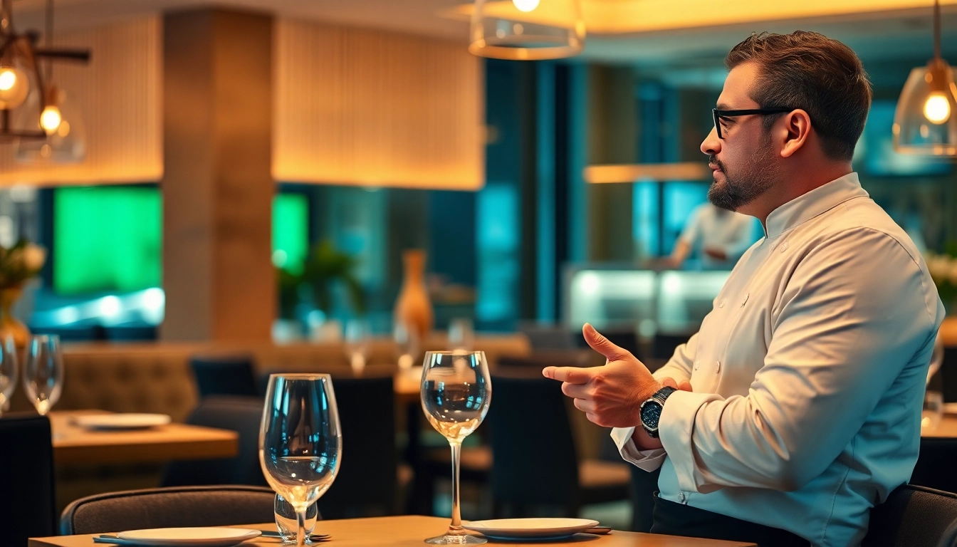 Headhunter Gastronomie bespricht Karrieremöglichkeiten mit einem talentierten Koch in einem eleganten Restaurant