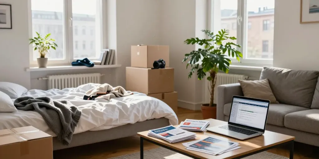 Wohnungsauflösung Berlin Schöneberg: Gemütliche Wohnung mit Umzugskartons und Licht durch große Fenster.