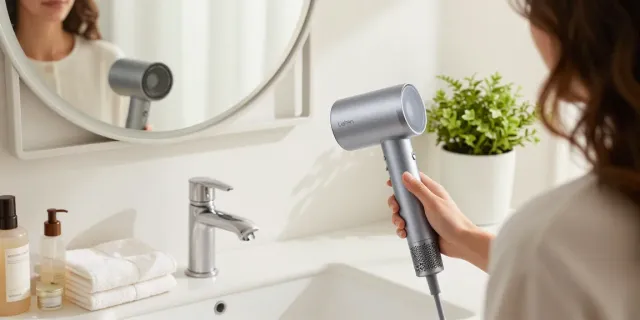 Laifen Mini haartrockner in a stylish bathroom setting during a beauty routine.