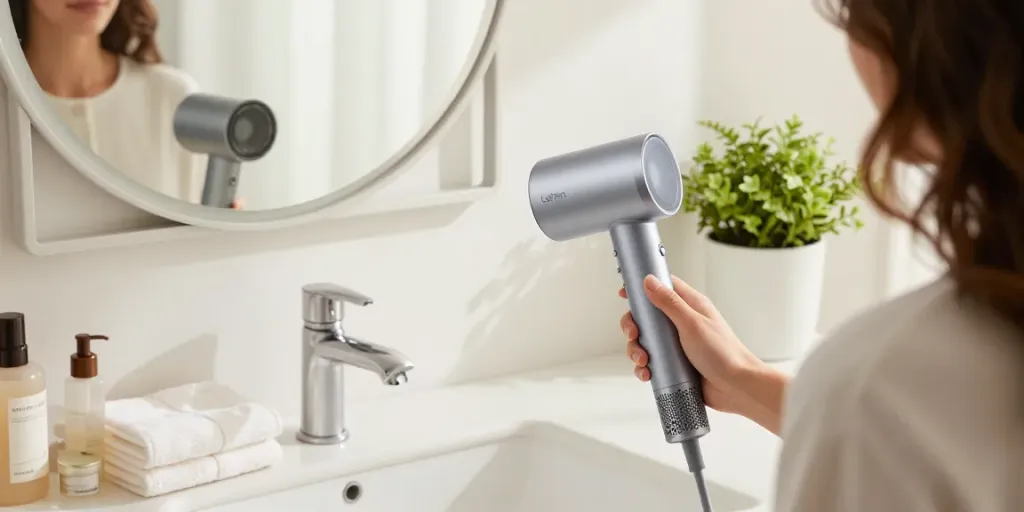 Laifen Mini haartrockner in a stylish bathroom setting during a beauty routine.