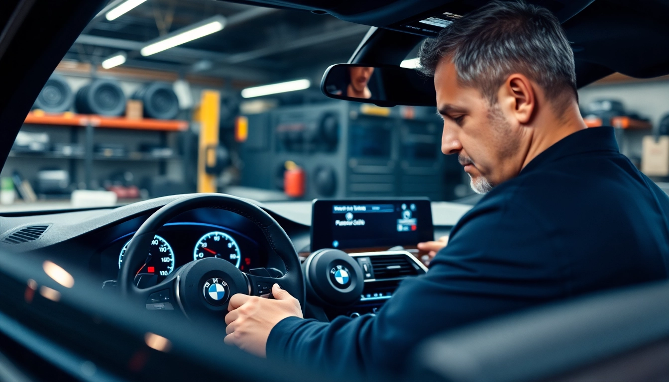 BMW Codierung im Fokus eines modernen Garagenarbeitsplatzes mit einem erfahrenen Techniker.