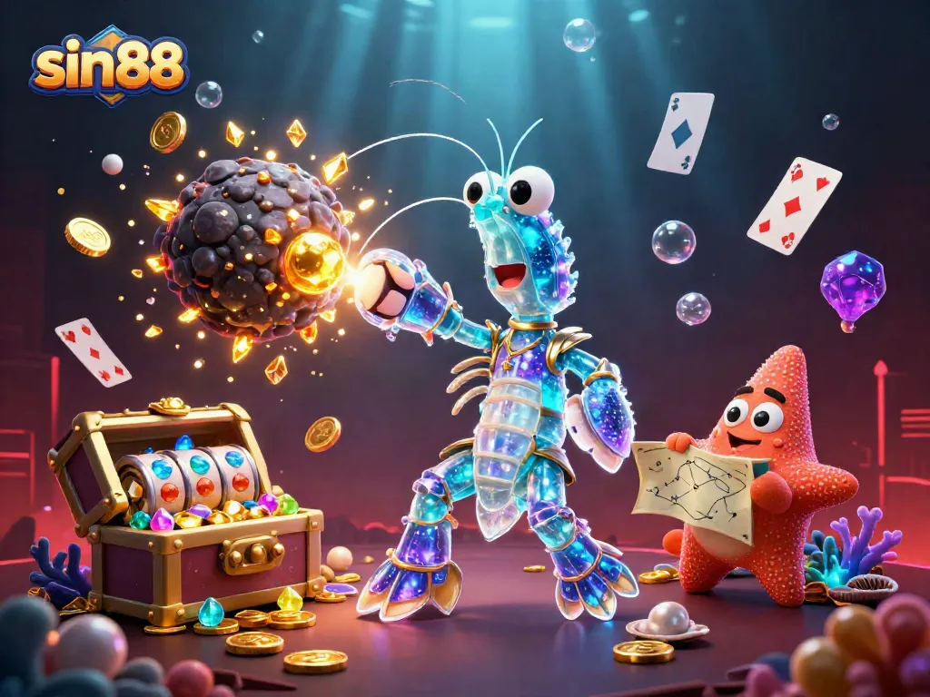 Engage with sin88's thrilling ambiance as the galactic samurai mantis shrimp conquers treasures in a vibrant casino scene.