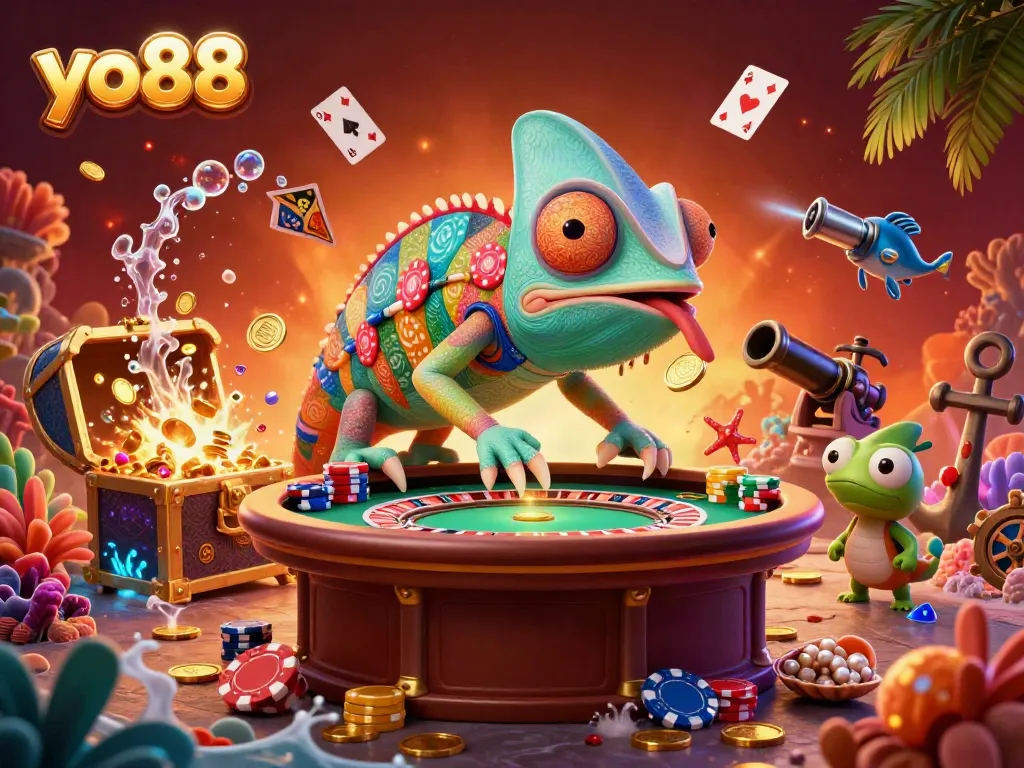 Experience thrilling gameplay at yo88 with a vibrant 3D chameleon casino owner collecting golden coins.