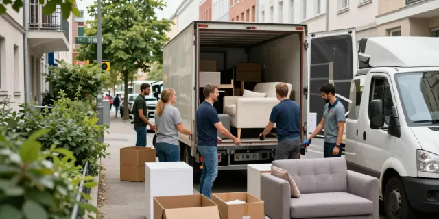 Entrümpelung Berlin: Team bei Haushaltsauflösung mit Möbeln auf Straße.