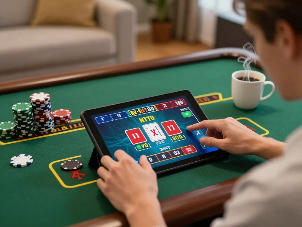 Go99 player engaging in live dealer blackjack on tablet, cozy home gaming atmosphere
