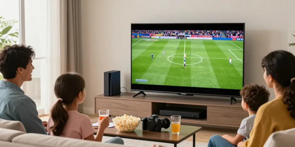 Family enjoying IPTV Abonnement in 4K on a large screen in a cozy living room.