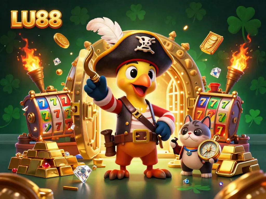LU88 showcases an exciting casino experience with vivid gold treasures and playful pirate characters.