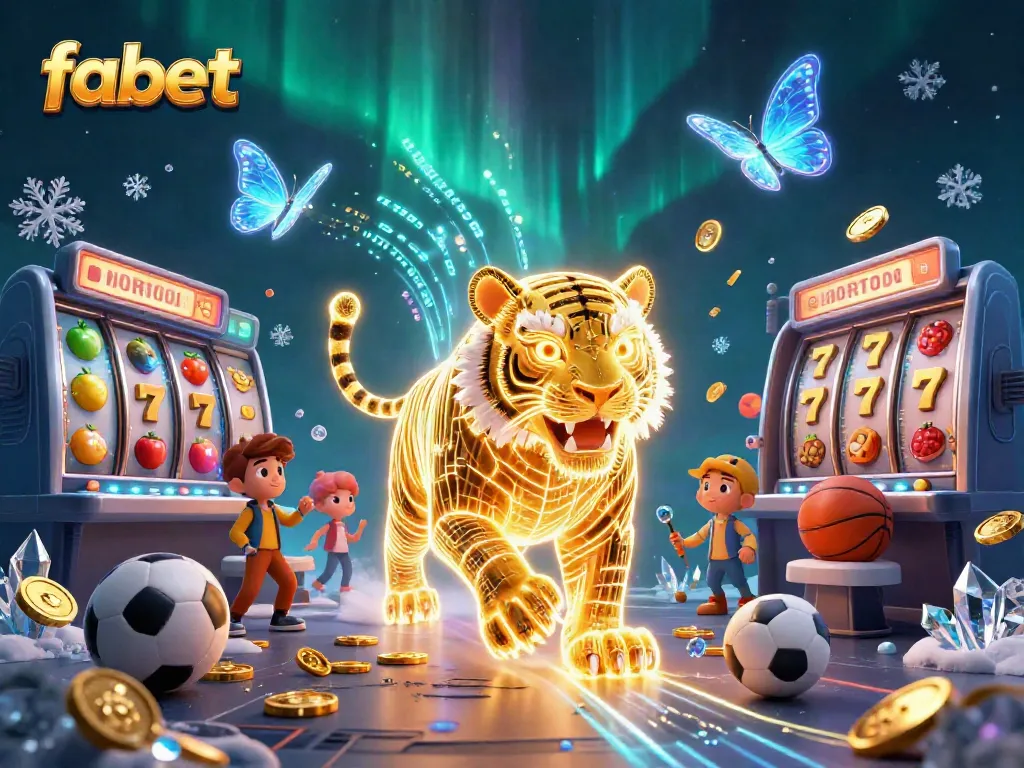 Experience the thrill of fabet with an energetic digital casino scene featuring a neon tiger and dynamic gaming elements.
