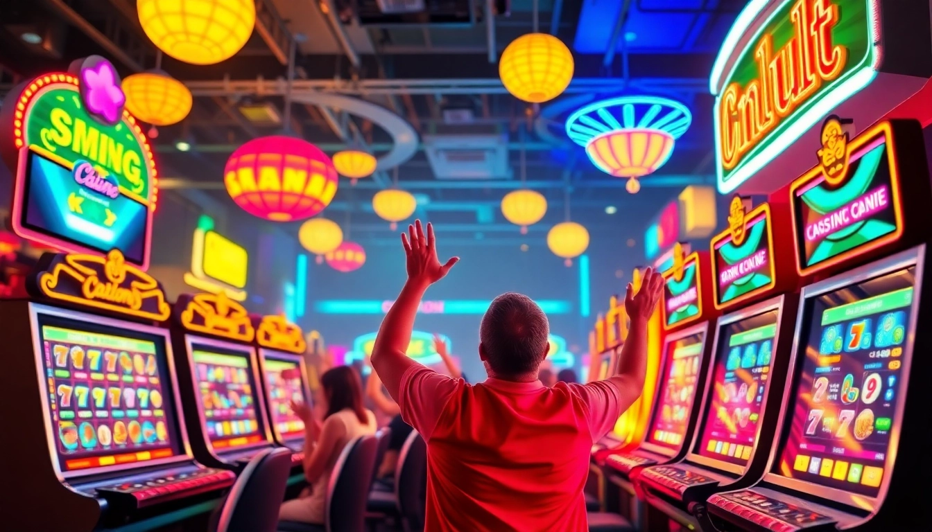 Unleash the excitement of online casino bonuses with vibrant slot machines and cheering players.