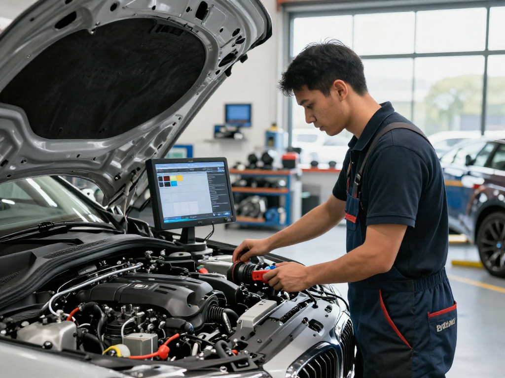 Chiptuning Hannover: Professioneller Techniker bei der Motoruntersuchung in moderner Werkstatt.