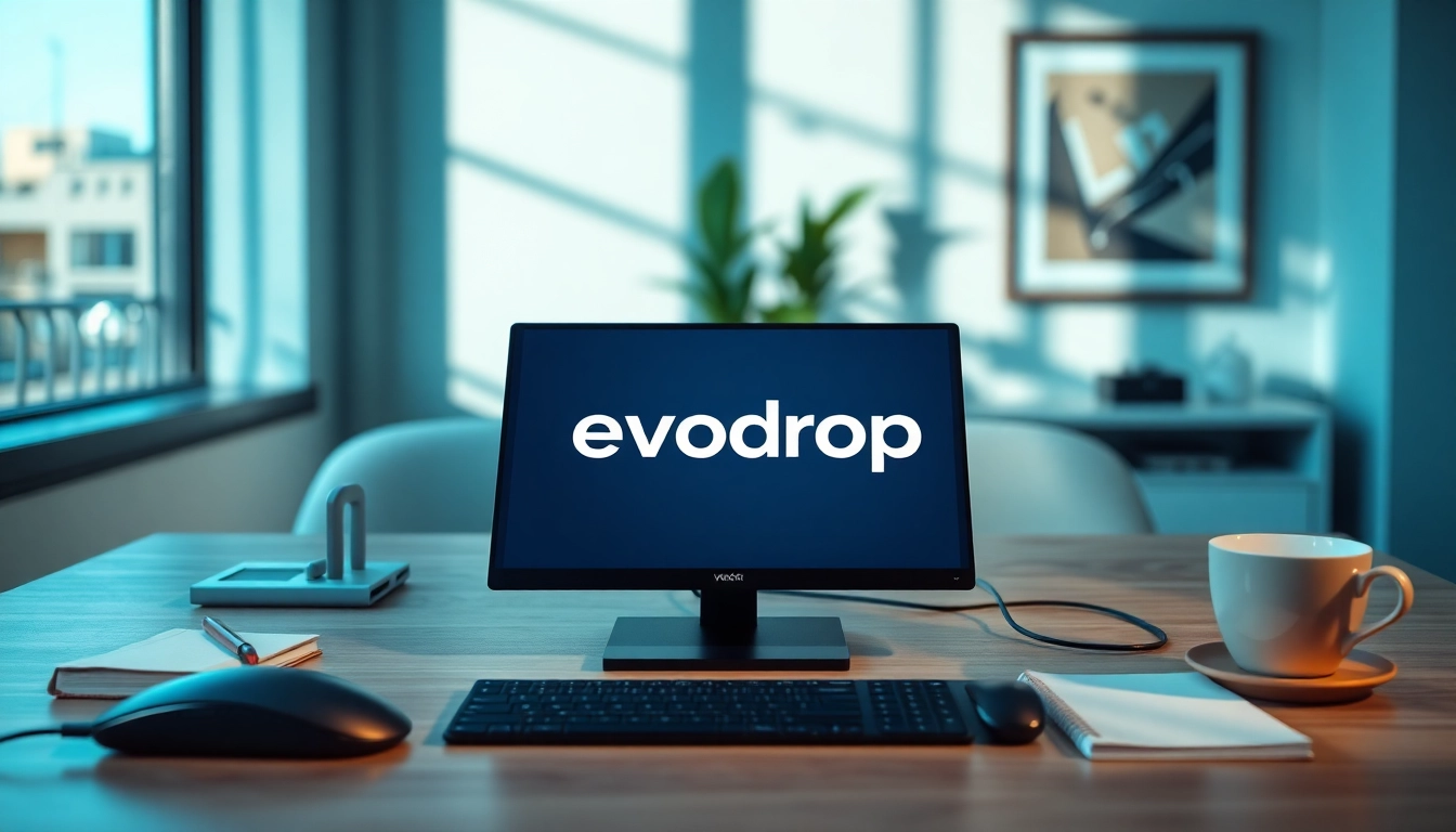 Verschiedene digitale Geräte mit dem evodrop Logo in modernem Arbeitsumfeld
