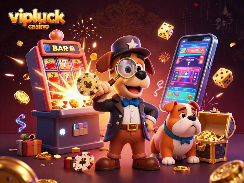 Experience vipluck casino with a thrilling scene featuring a detective and rich casino elements.