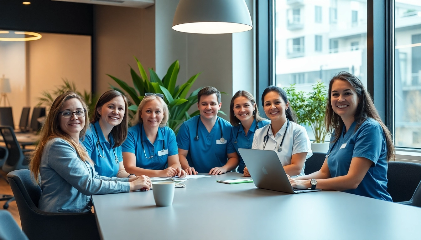 Pflegekräfte diskutieren werbung pflegedienst Strategien in einem modernen Büro.