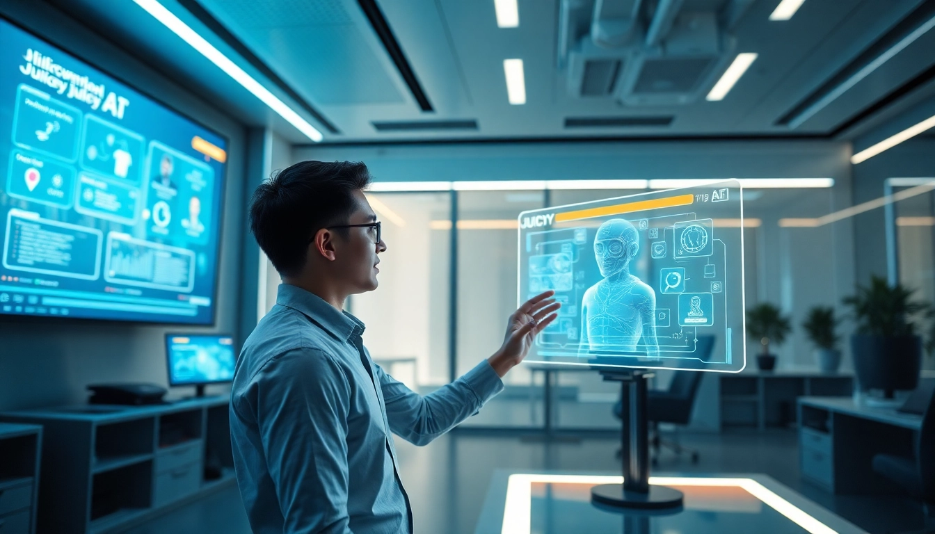 Engaging interaction with Juicy AI in a modern, high-tech office environment.
