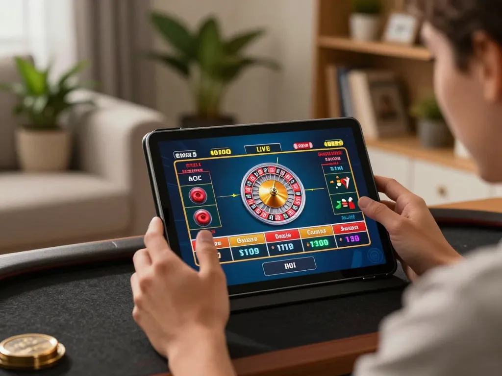 Player engaging with SC888 live dealer game on tablet in cozy home setting, highlighting online gambling excitement.
