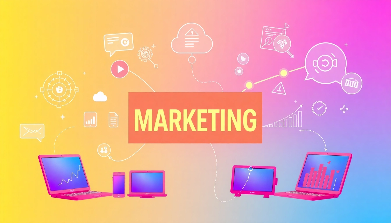 Digitales Marketing durch kreative Grafiken und moderne Geräte in einem dynamischen Umfeld darstellen.