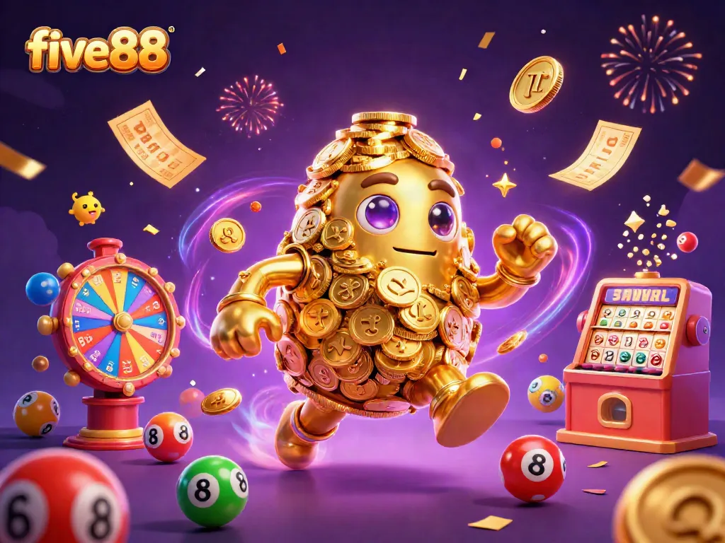 Play and win at five88 with vibrant lottery balls and a golden golem surrounded by casino elements.