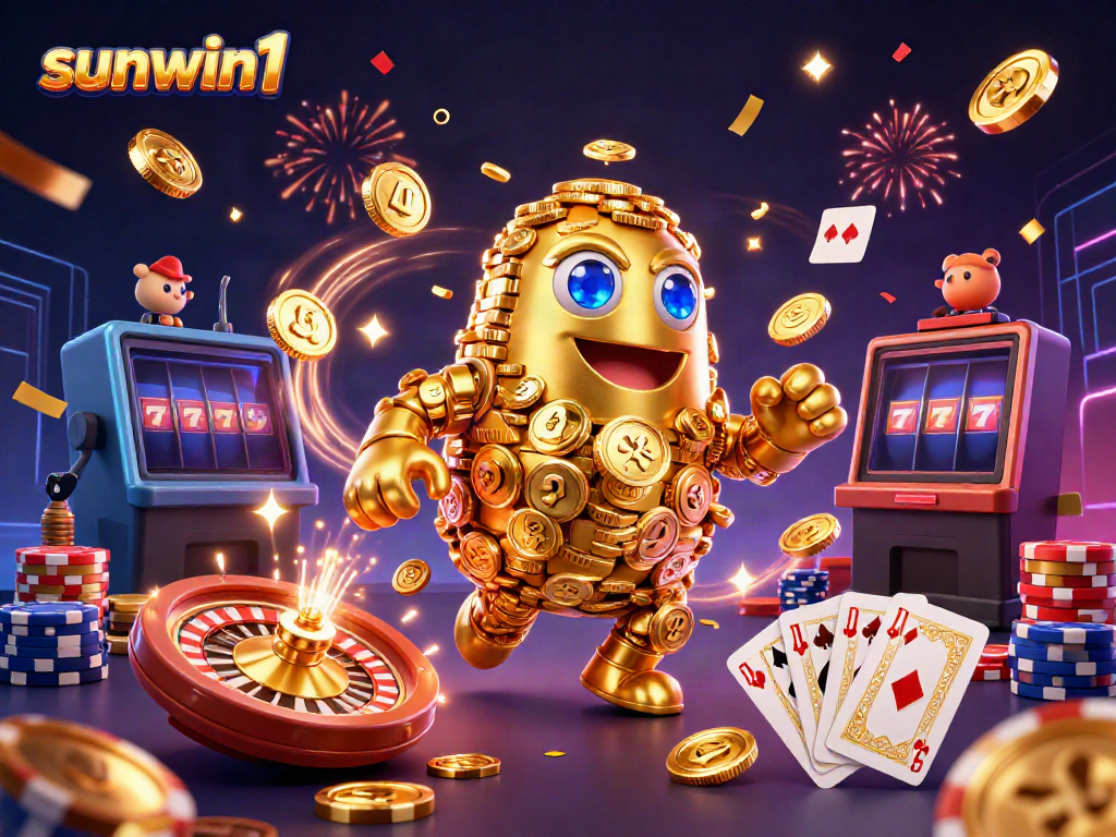Experience thrilling wins with sunwin1 in a vibrant 3D casino world filled with golden coins and rich game symbols.