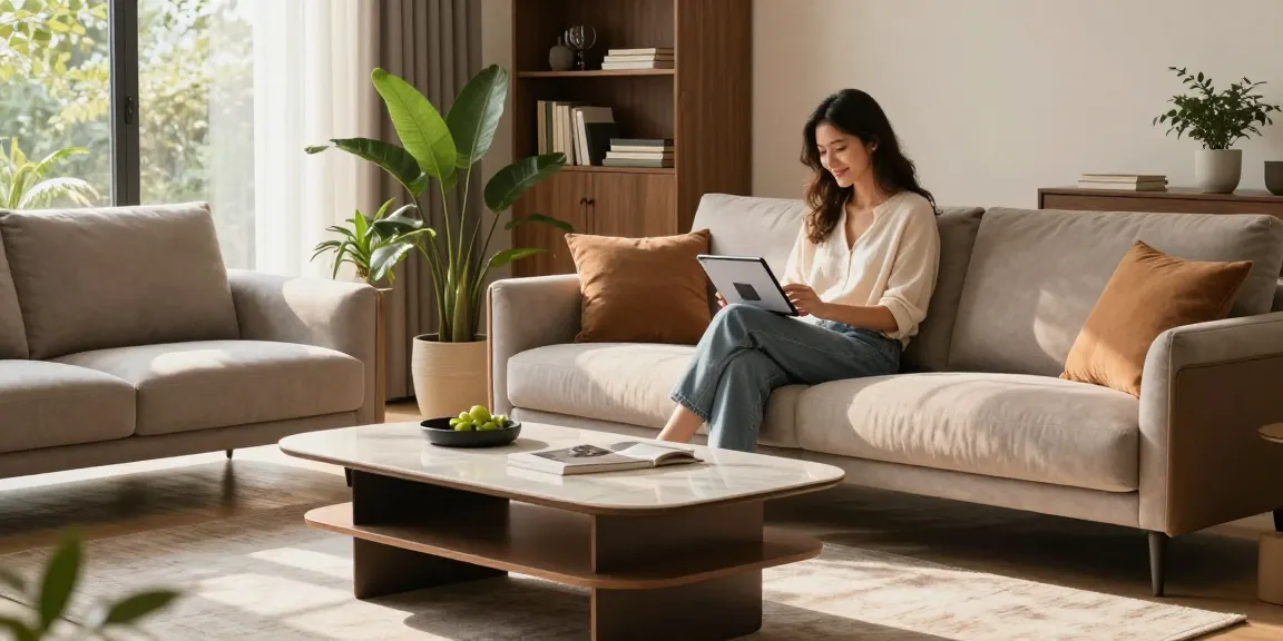 Einladende Wohnzimmer-Szene mit modernen Möbeln, während man Optionen zum Möbel Kaufen online erkundet