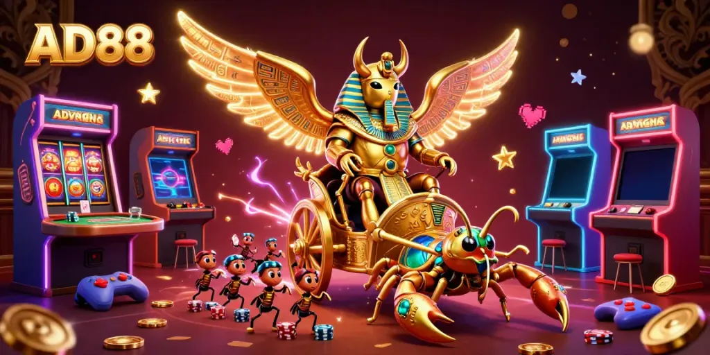 AD88 casino featuring a golden scarab beetle, scorpions, and vibrant gaming elements for an exciting gaming experience.
