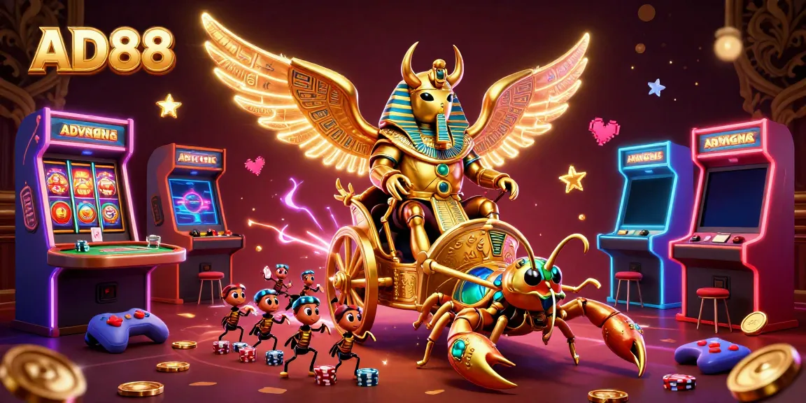 AD88 casino featuring a golden scarab beetle, scorpions, and vibrant gaming elements for an exciting gaming experience.