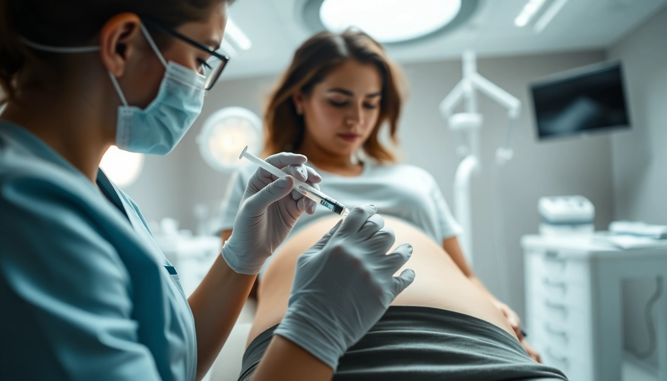 Injektionslipolyse Behandlung bei einem Patienten im modernen, sauberen medizinischen Raum.