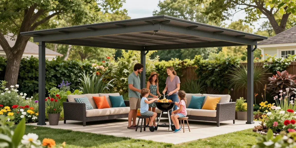 Moderne Terrassenüberdachung freistehend mit Familie beim Grillen im Garten.