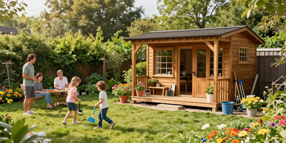 Wunderschönes Gartenhaus aus Holz im Garten mit Familie, die die Sonne genießt und Spaß hat.