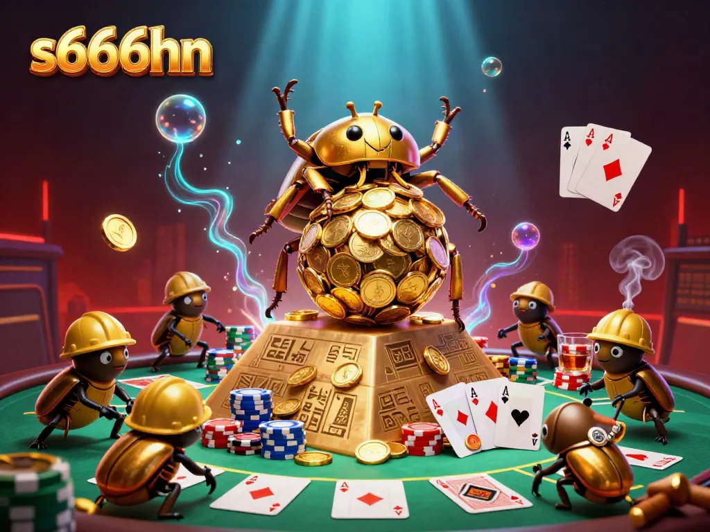 Experience the excitement of s666hn with a golden beetle rolling coins amidst casino elements.