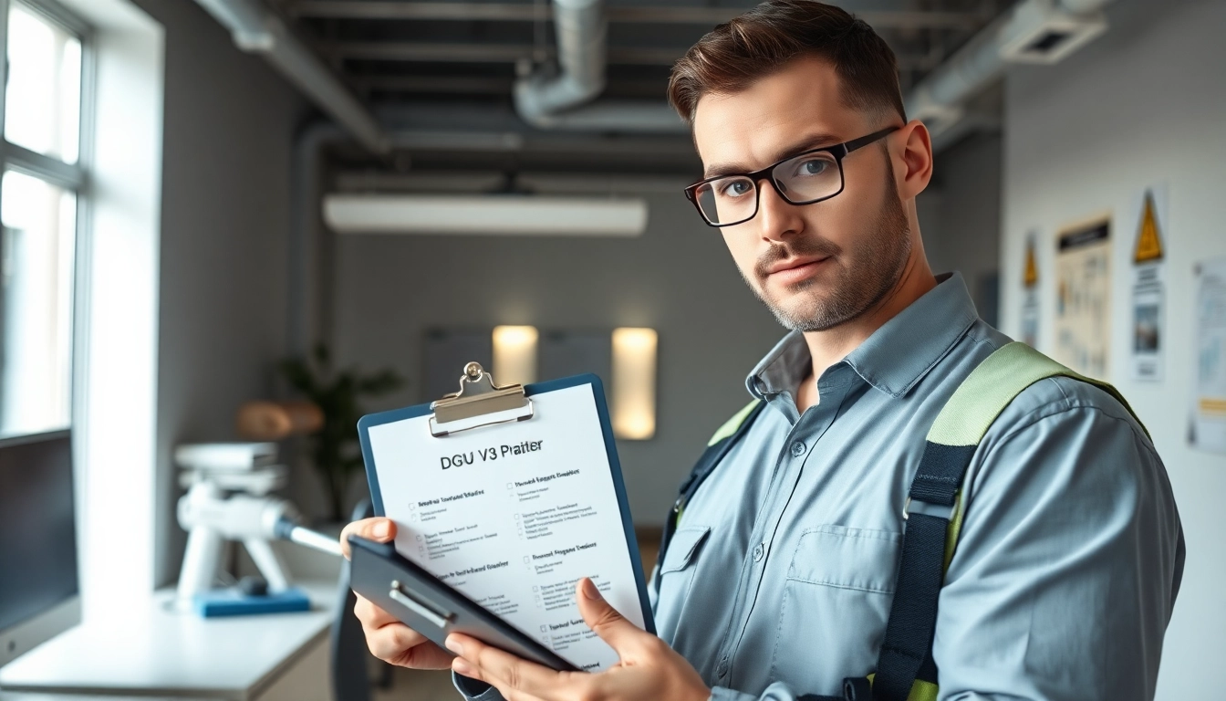 Durchführung einer DGUV V3 Prüfung durch einen Techniker in einem modernen Büro.