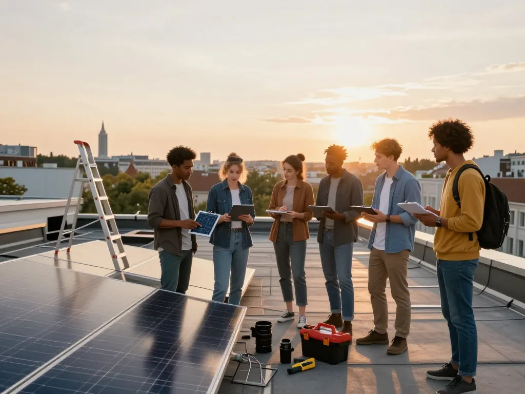 Innovative Diskussion über Photovoltaik Wien auf Dächern zwischen verschiedenen jungen Erwachsenen bei Sonnenuntergang.