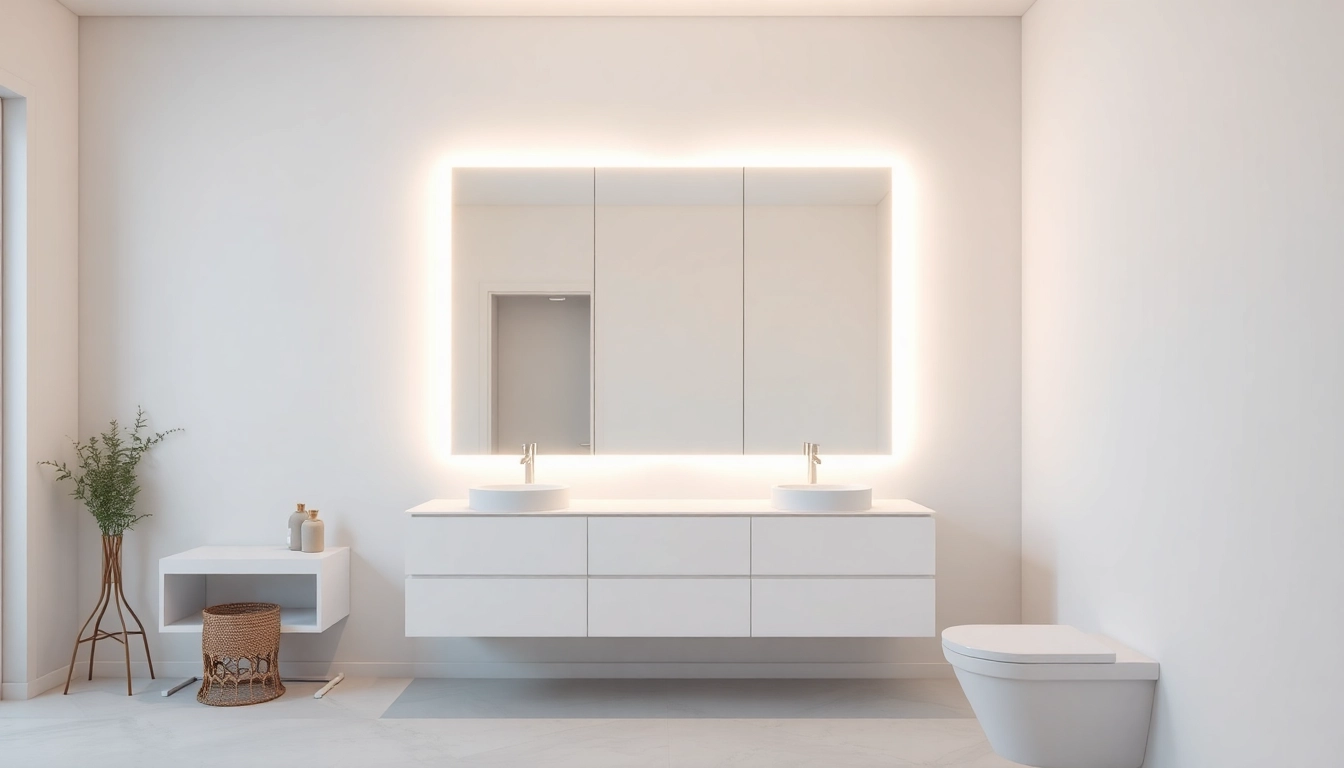 Zeitgenössischer spiegelschrank mit led Beleuchtung, der modernes Design und integrierte Beleuchtung harmonisch vereint.