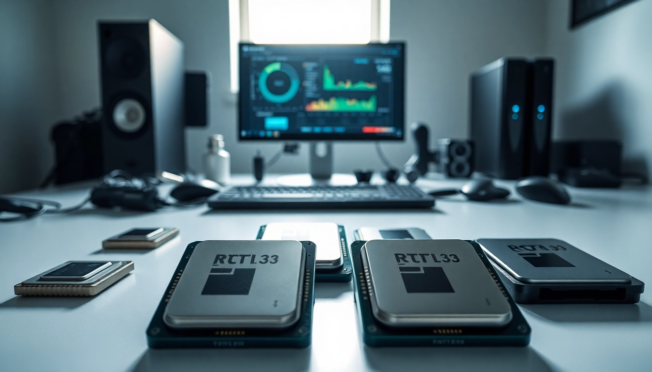 Prozessor Vergleich mit verschiedenen CPU-Modellen auf einem Schreibtisch in einem modernen Umfeld.