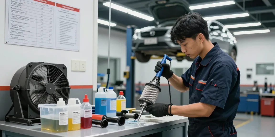 Effizientes DPF reinigen im professionellen Garagenumfeld mit Mechaniker und spezialisierten Reinigungswerkzeugen.