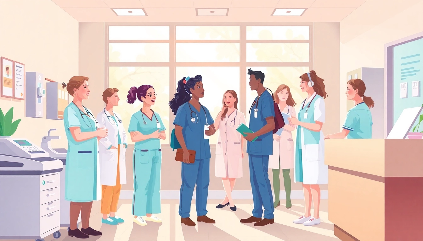 Engaging scene showcasing personalgewinnung in der pflege with nursing staff in a collaborative environment.