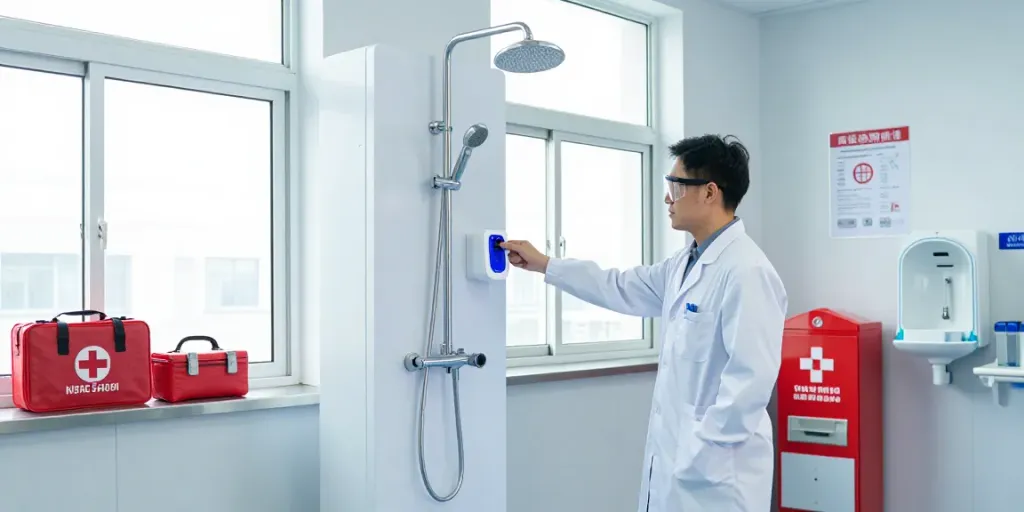 Stationary emergency shower for companies, demonstrating safety features in a modern lab setting.