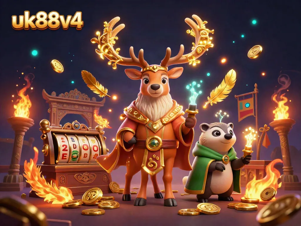 Engage in thrilling gameplay with uk88v4's immersive slot games featuring a vibrant druid and wise badger.