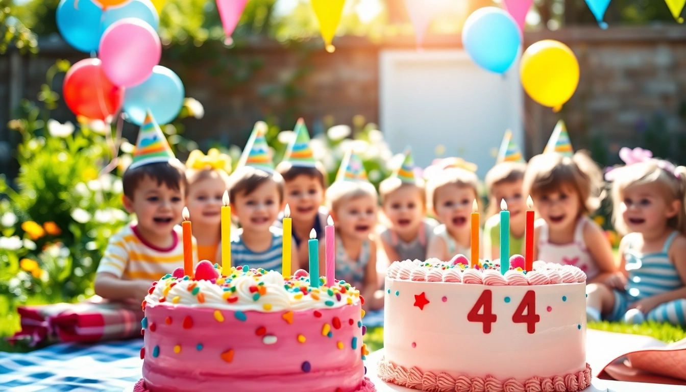 Kreative Spiele für den Kindergeburtstag 4 Jahre mit fröhlichen Kindern und bunten Dekorationen.