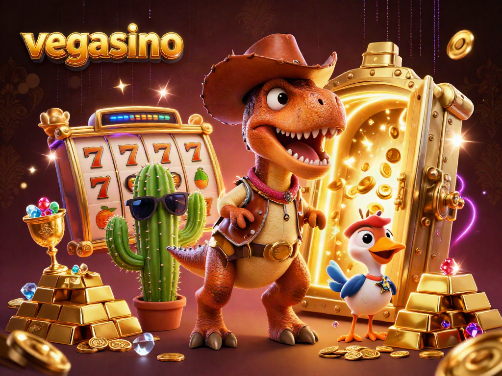 Experience the thrill of vegasino with a cowboy dinosaur and friends amidst slot symbols and treasure.